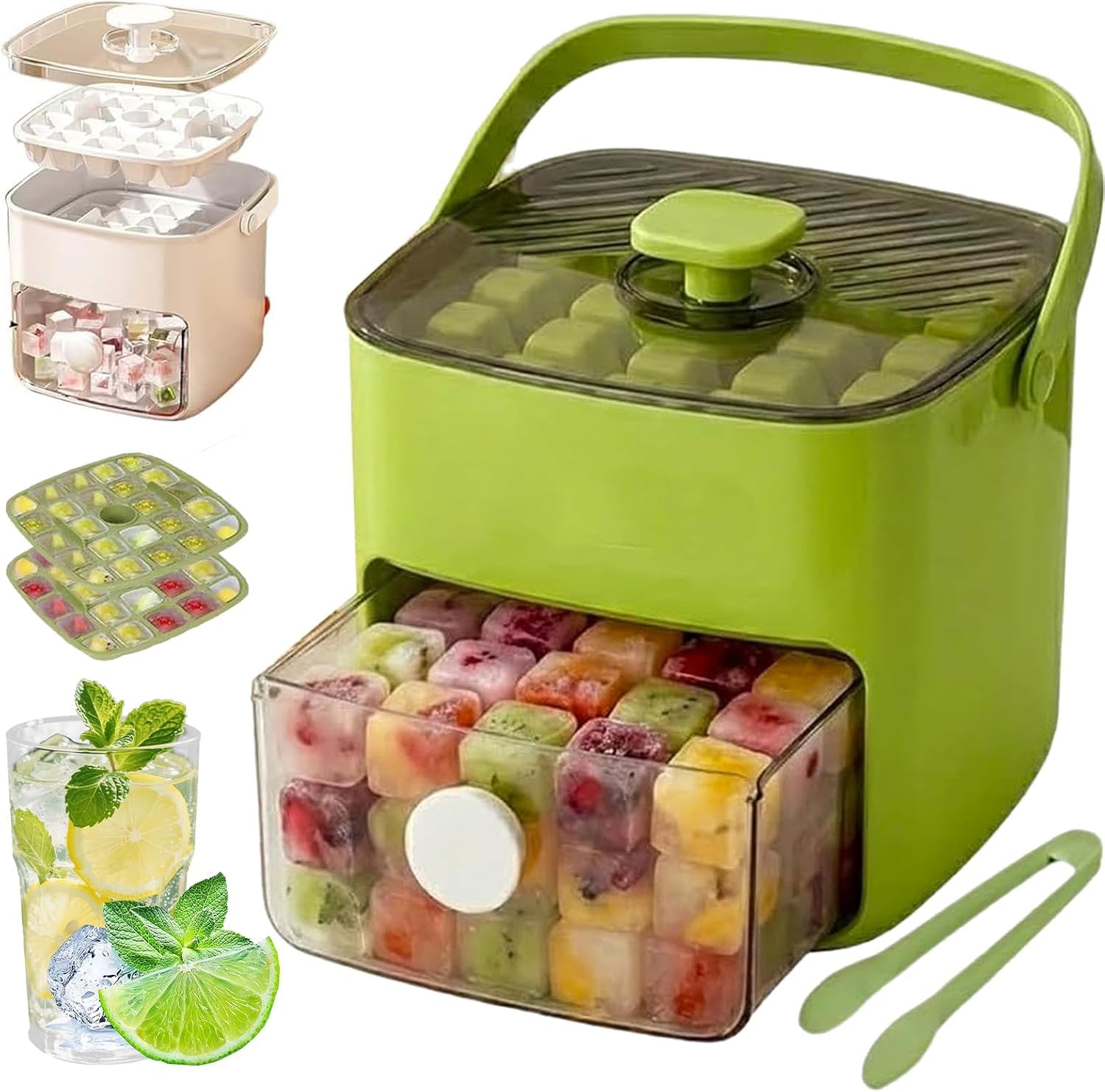 48 Cube Ice Maker with Easy Press Lid, Upgraded Press-Type Ice Cube Tray with Storage Bin & Lid, Double-Deck Ice Maker Box, Easy Release Silicone Trays for Freezer, DIY Drinks (Green)