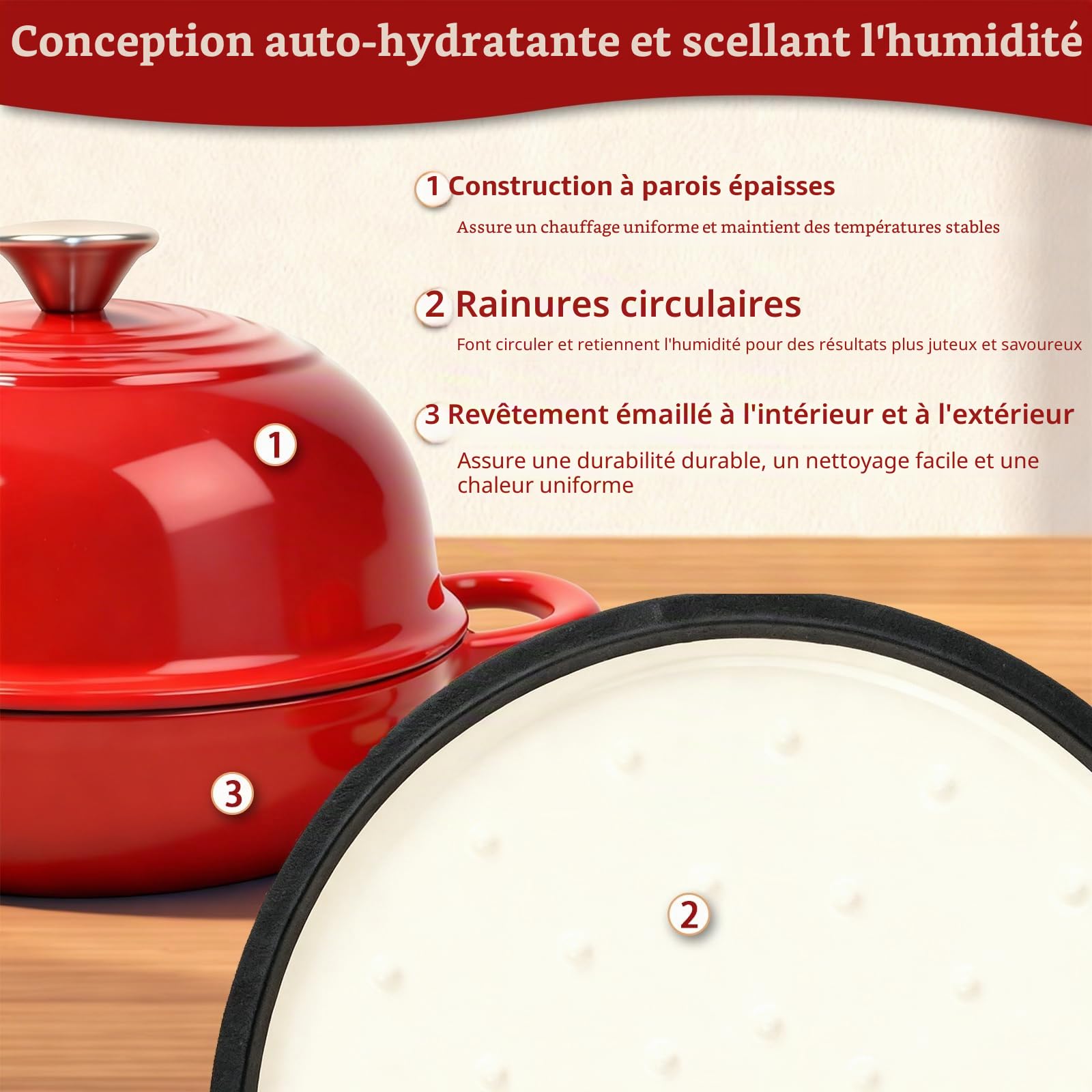 Marmite en Fonte Émaillée 5,7L Ovale, Cocotte Dutch Oven 26 cm avec Couvercle, Poignées Bois & Accessoires Pain, Tous Feux + Four jusqu’à 260°C