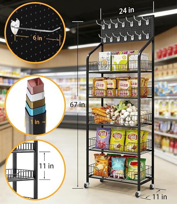 5 Tier Retail Candy Display Rack, Metal Storage Shelf Cart with Wheel, 15 Hooks, Heavy-Duty Metal Snack Display Rack Organizer Concession Stand Chip Shelf for Supermarket Grocery Store Home, Black by Cyduan - Image 2
