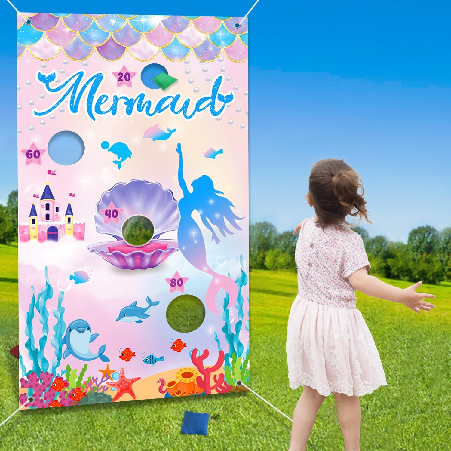 iPartycool Mermaid Toss Game, Mermaid Birthday Party Games, Mermaid Bean Bag Toss Games, Mermaid Party Supplies, Mermaid Backdrop Mermaid Party Games for Kids Adults Outside Activities Outdoor Games