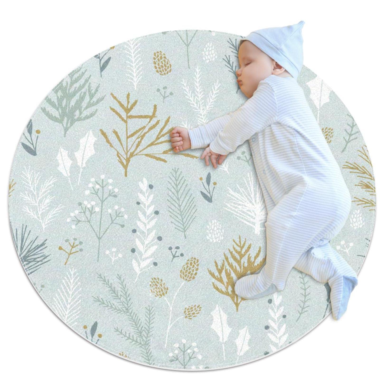 Tapis salon rond motif plantes vertes tapis lavable chambre