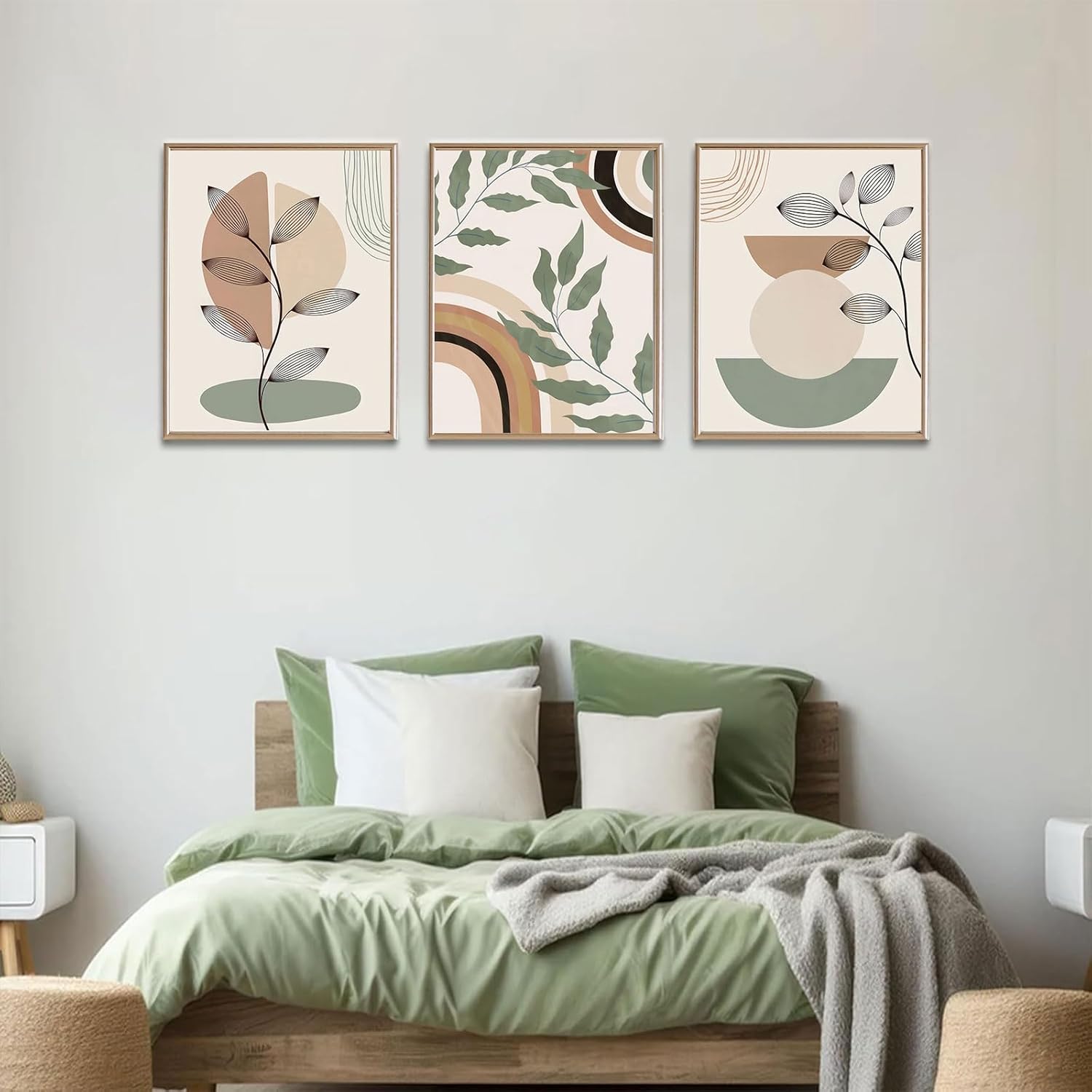 3 pcs Boho Canvas Wall Art Green Sage Botanical Painting Wall Decor Pictures Mid Century Modern Minimalist poster print for Living Room Bedroom Bathroom Home Decoration UnFramed