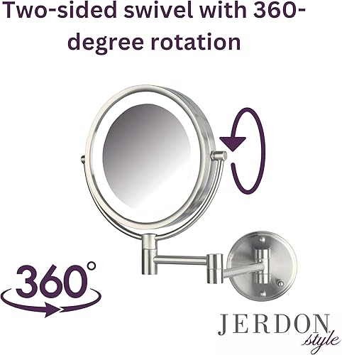 Miniatura 7 de JERDON Espejo de tocador montado en la pared con luces - Espejo de maquillaje iluminado con aumento 8X y acabado de níquel - Modelo enchufable HL88NL