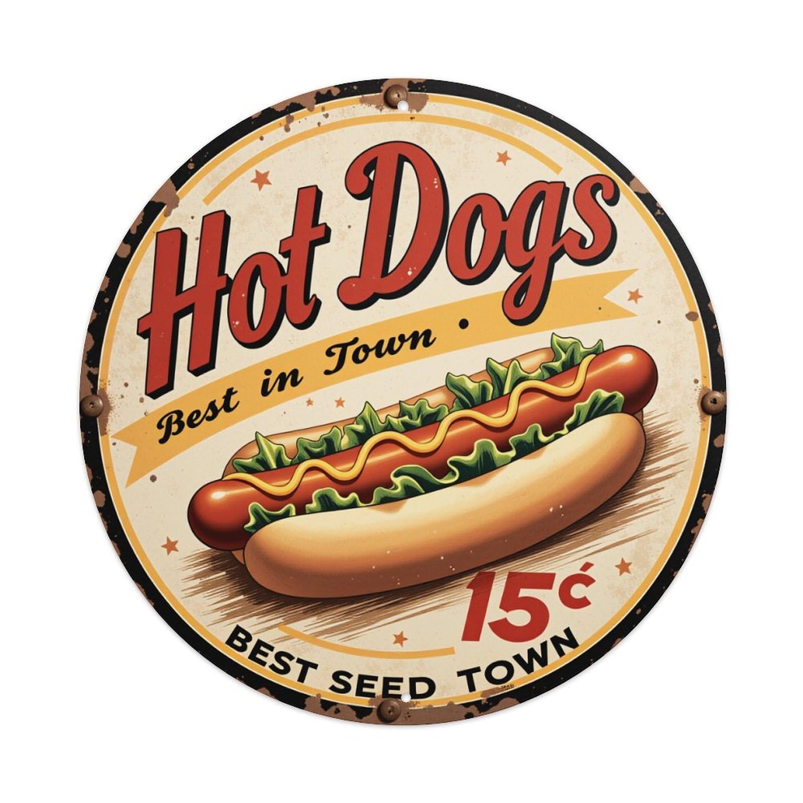 Hot Dogs Best In Town 15c Retro Metal Tin Sign, Vintage Metal Poster for Bar, Home, Man Cave, Kitchen, Laundry Room Art Decor 8x8 Inch
