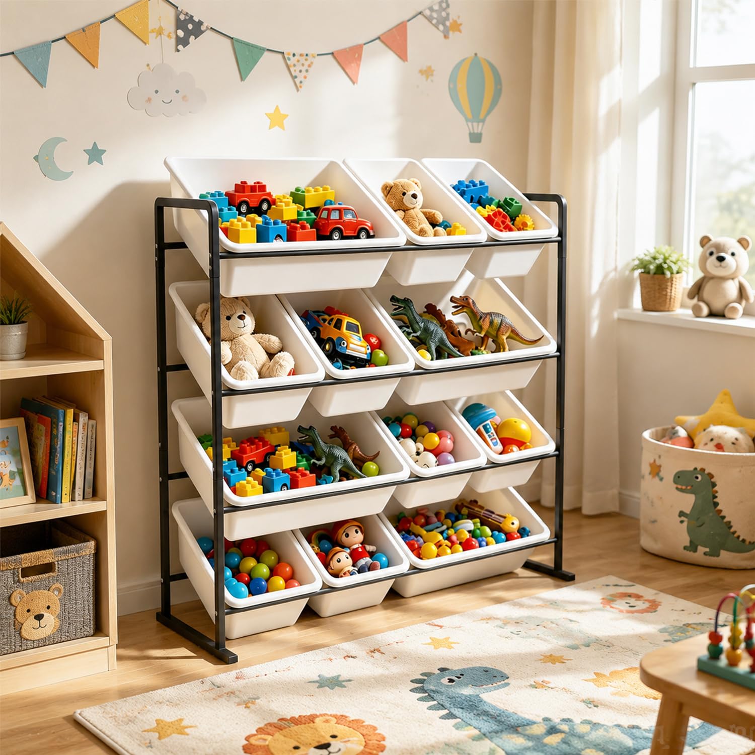 Kinderregal mit 12 Boxen,Spielzeug Organizer Schwarz