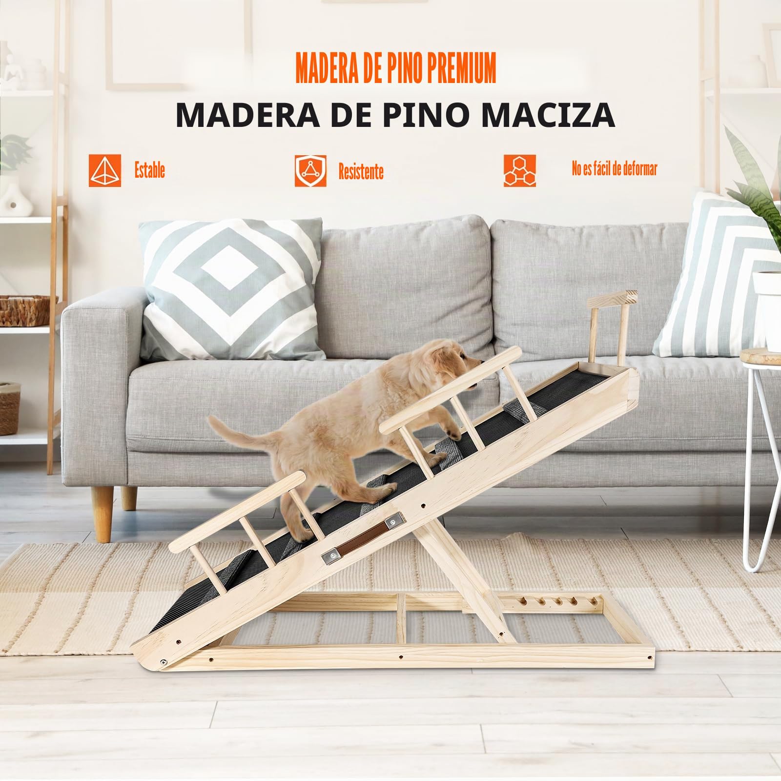 Rampa portátil multifuncional de madera plegable para mascotas, adecuada para gatos y perros, rampa de 110 cm de largo con altura ajustable de 12 a 23.4 pulgadas. Rampas para perros-110ZT,