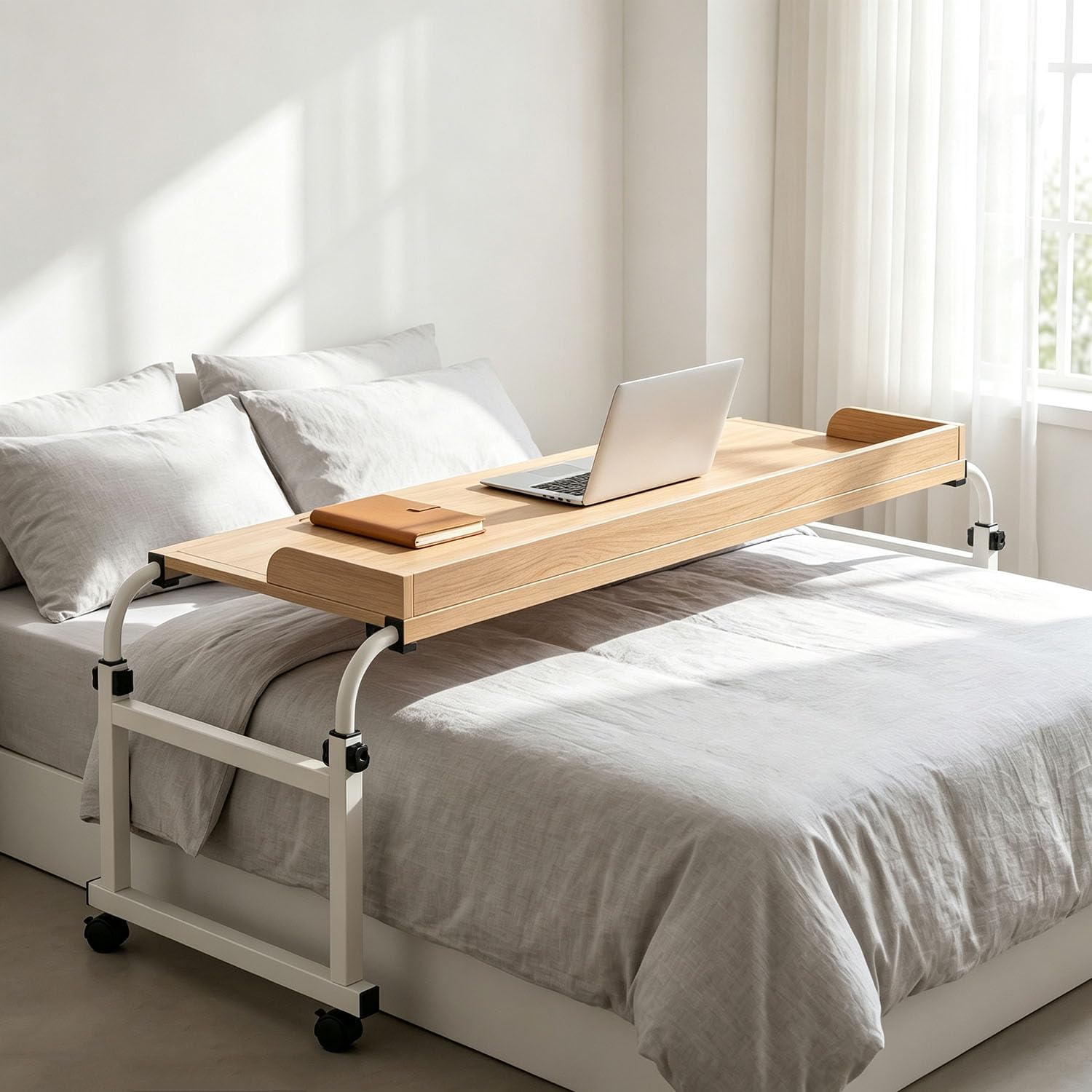 GXQFC Mobile Over Bed Desk, Rolling Overbed Table with Wheels Computer Desk