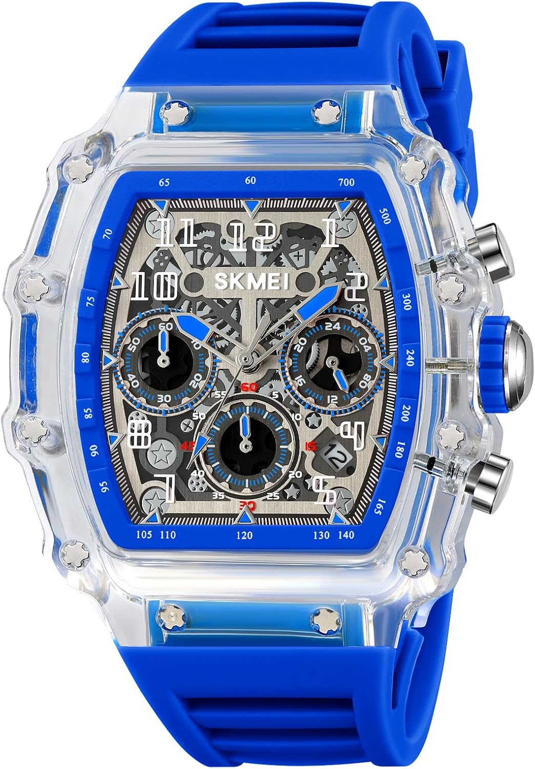 MASTOP Fashion Hollowed Men Watches Tonneau Transparent Silicone Strap Skull Big Face 50M Waterproof Chronograph Calendar Analog Display Quartz Male Wrist Watch