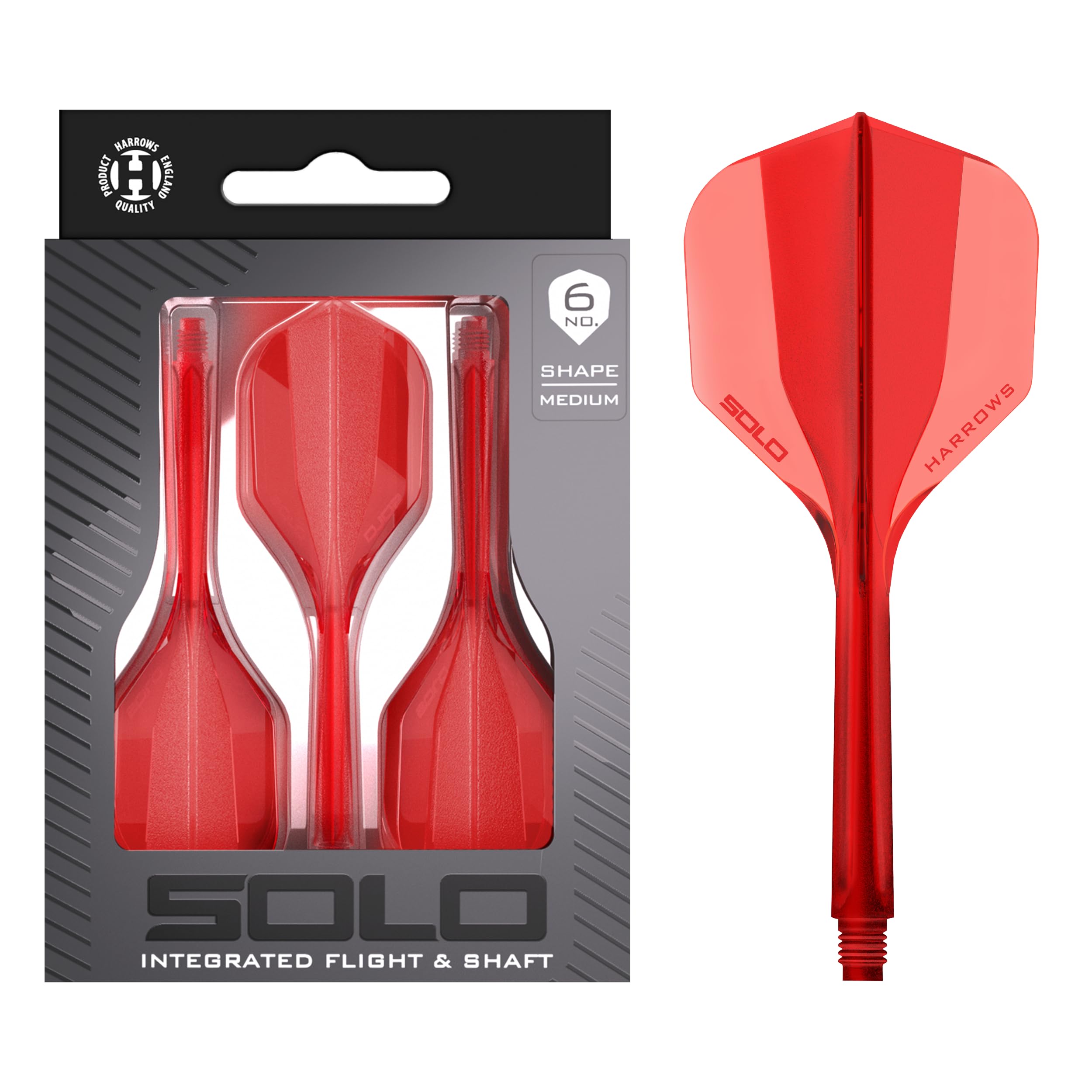Harrows Solo Integrated Flight & Shaft System – 3 Molded Flights & Shafts – One-Piece Aero Core Construction – Fixed 90° Design for Stability (Red, Medium)