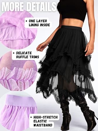 Kaei&Shi Long Tulle Skirt,High Waisted Asymmetrical Ruffle Skirts for Women,Renaissance Fairy Costume Concert Birthday Party