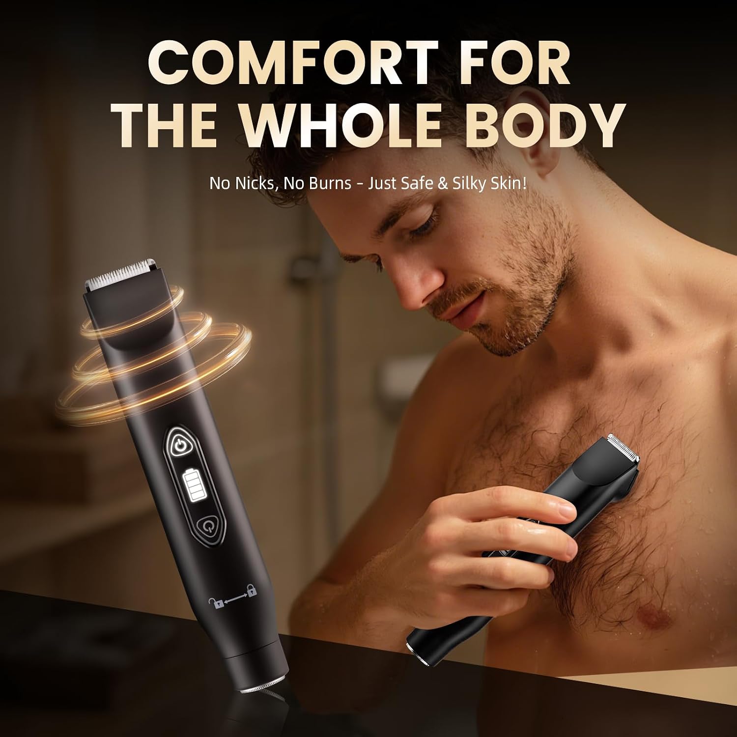 Body Hair Trimmer for Men，3 in 1 Electric Razor with Ceramic Blades, IPX7 Waterproof, USB Rechargeable, Painless Hair Removal for Face，Body，Groin, Travel Grooming Kit