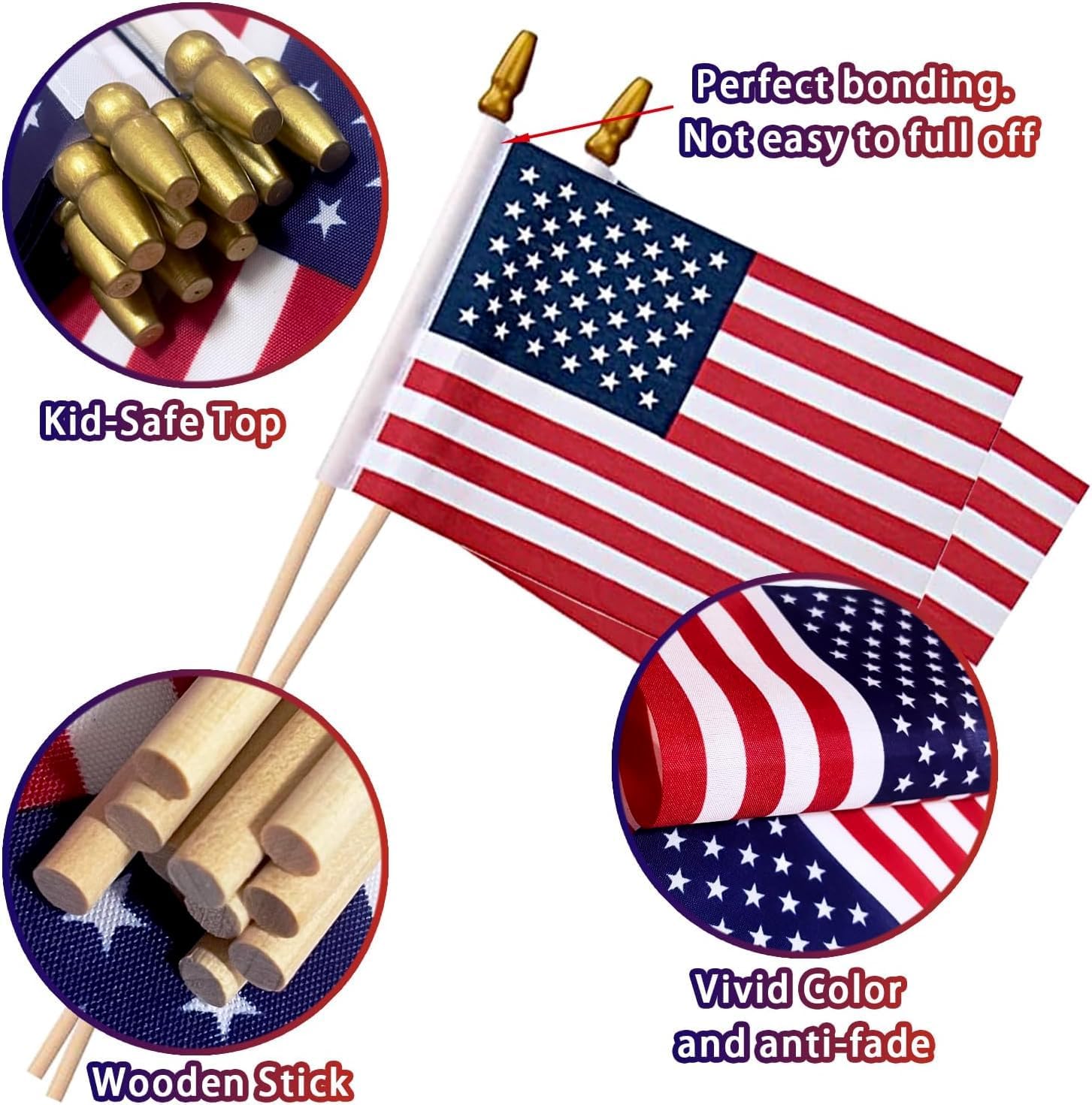 50Pcs 8x12 Inch Small American Flags on Stick, US Wood Stick Flags with Kid-safe Spear Top, American Flags for Outside 8″x12″ Memorial Day, 4th of July Independence Day Decorations Veterans Parades