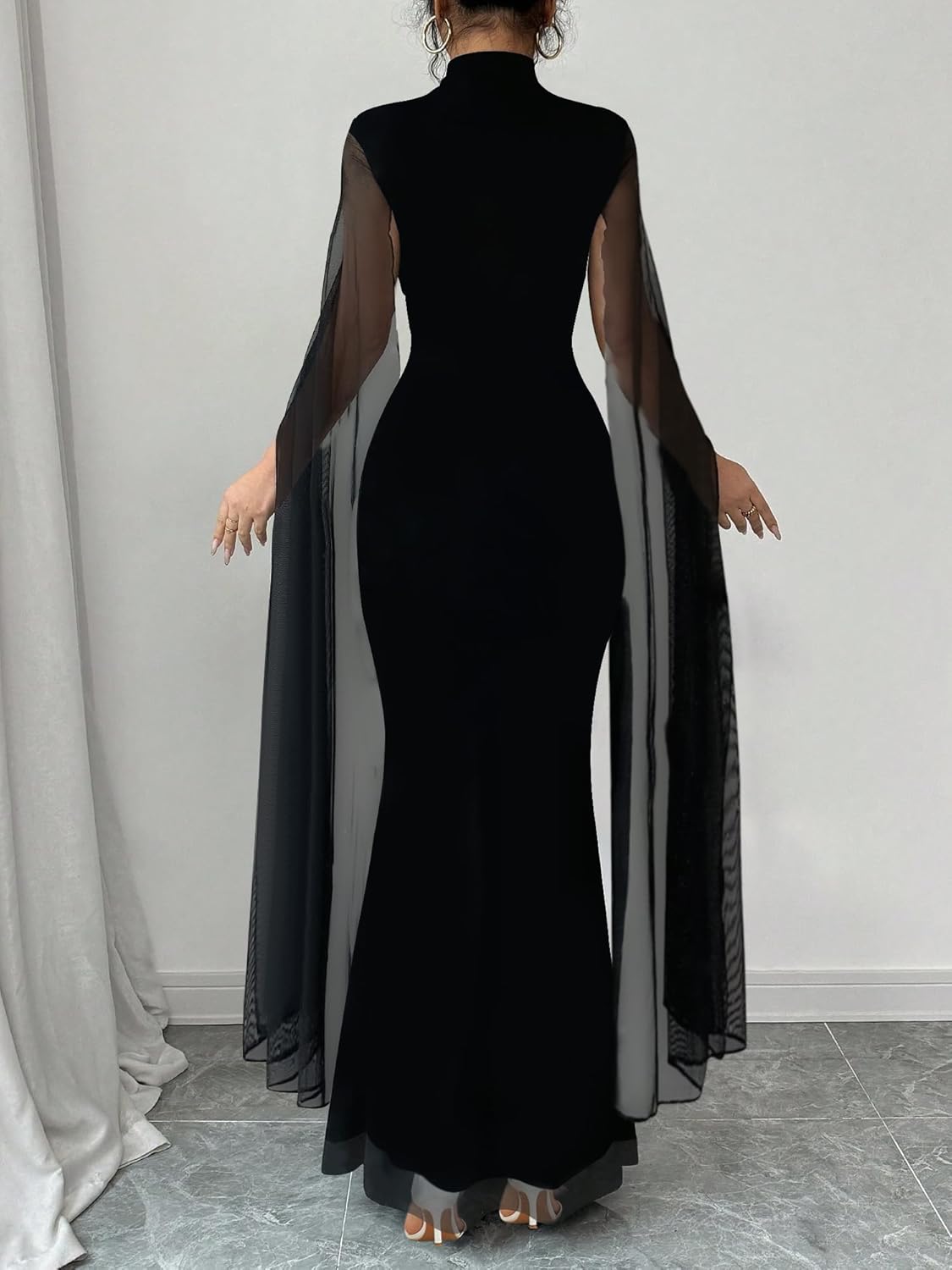SEBOWEL Women's Cape Sleeve Mesh Maxi Dress Elegant High Neck Formal Evening Gown Party Dress with Cape - Image 3