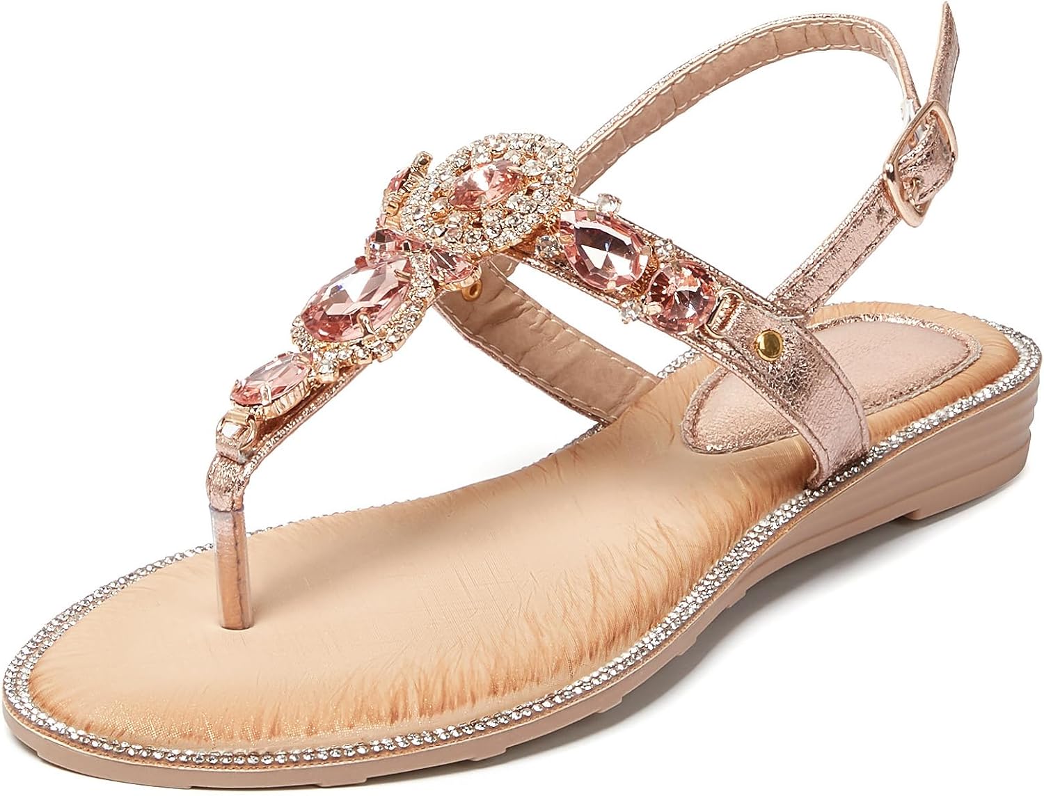 iCKER Women Rhinestone Sandals T-Strap Buckle Bohemian Pearl Crystal Flat Sandals