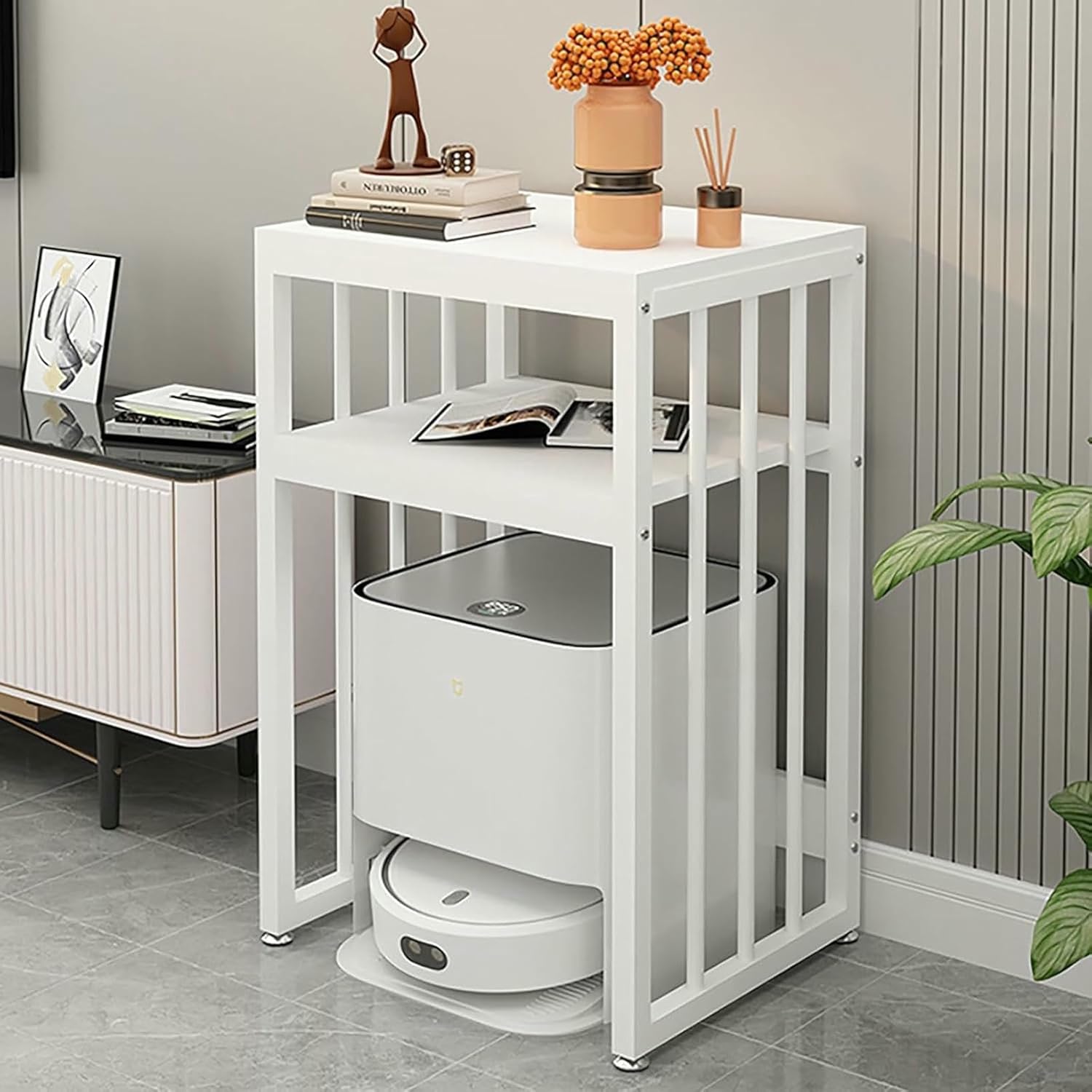 Robot Vacuum Stand Cabinet,Storage Rack Above The Sweeping Robot,Hotel Apartment Sweeping Robot Organizer Shelf,Metal Nightstand,End Side Table for Home Office