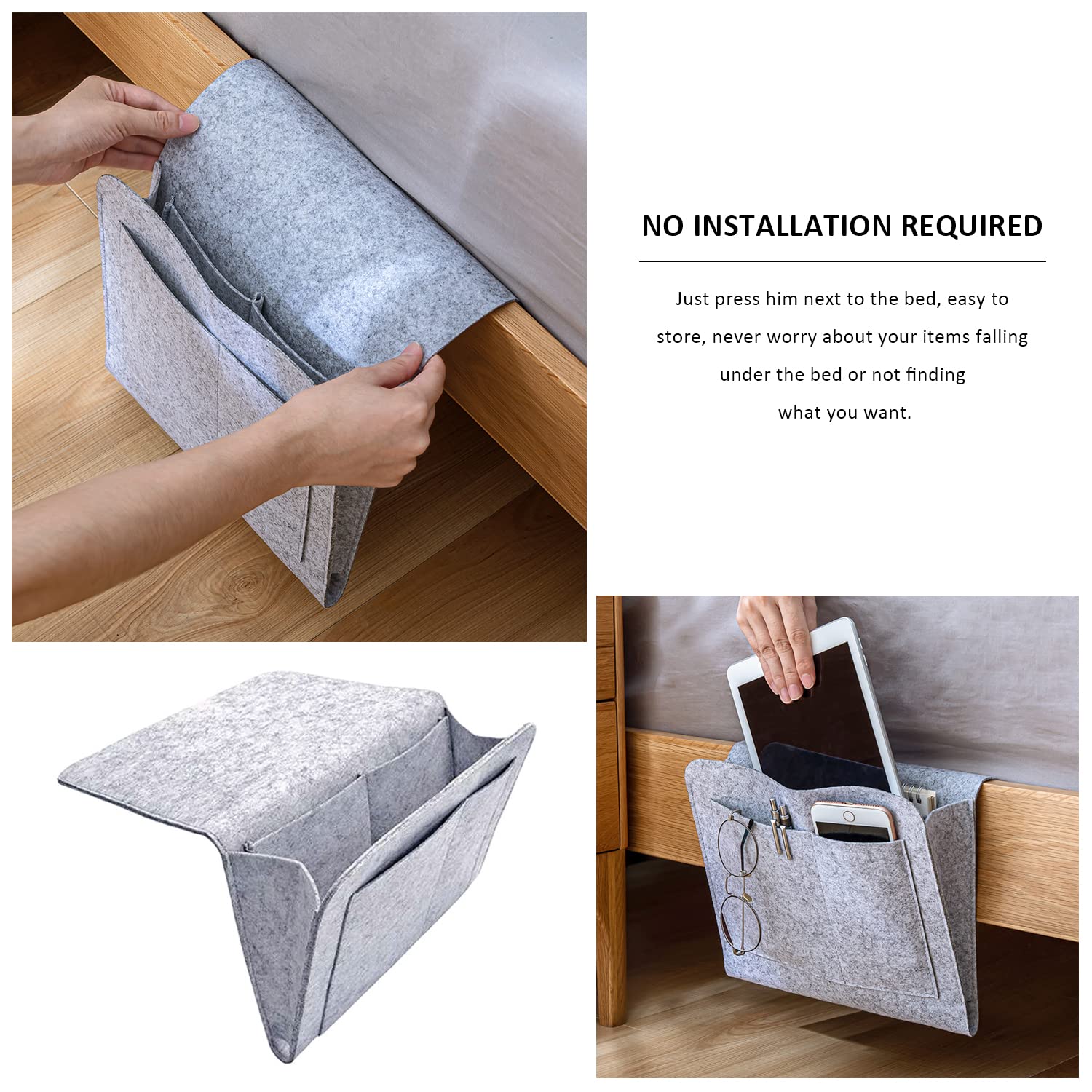 Bolsa de almacenamiento de fieltro para cabecera, organizador de noche, varios bolsillos, para revistas, libros, teléfono móvil, mando a distancia (gris)