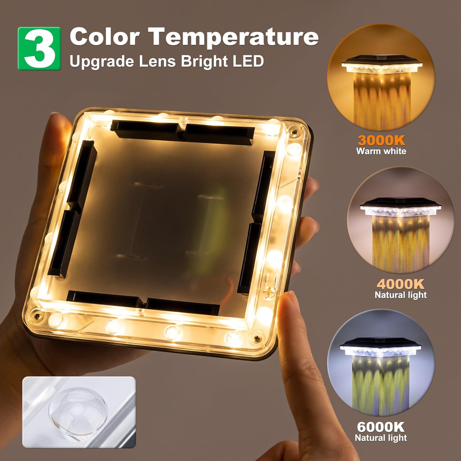 Upgraded Solar Post Cap Lights Outdoor 12pack, 3-in-1 Selectable Color (Warm White/Cool White/Daylight), Waterproof Downward Lighting for 4x4 Wood/Vinyl Fence Posts, Ideal for Deck Yard Stair Railing