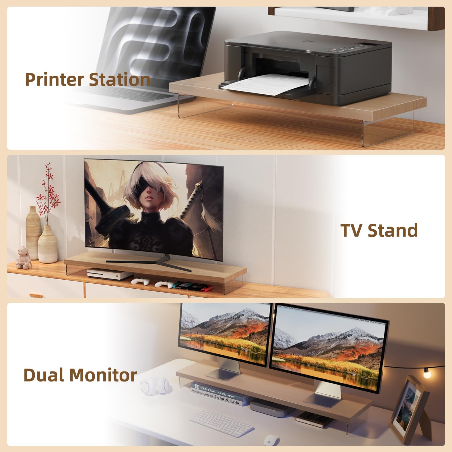 Supporto per monitor, in legno e acrilico, supporto per monitor da scrivania per casa, ufficio, spazio di lavoro per laptop, stampante, rialzo per schermo PC e TV