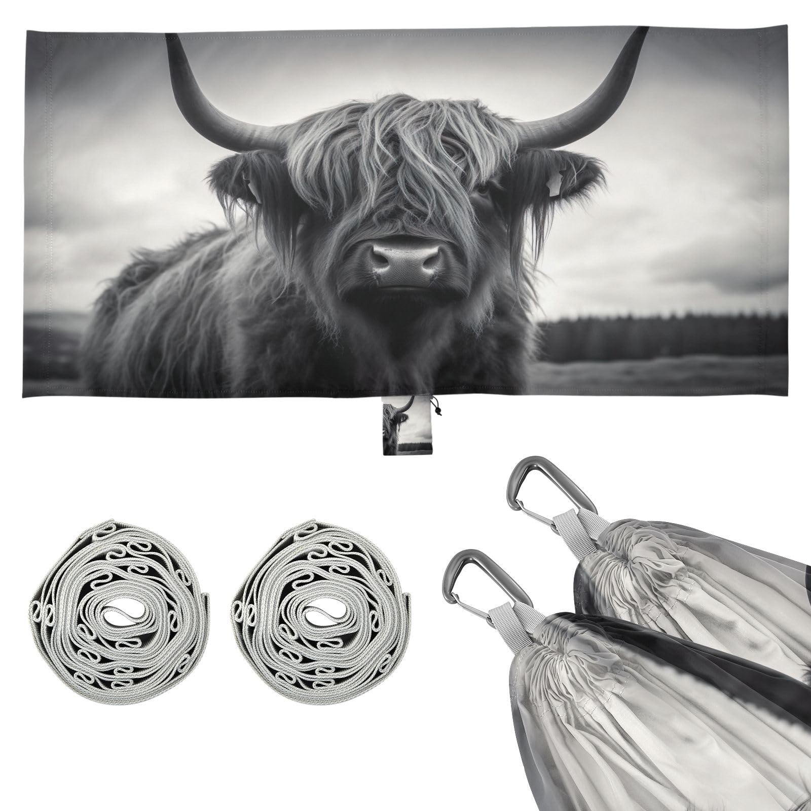 SDMKA Highland Cow Gray Camping Hammock, 330 lbs with 2 Tree Straps, Carry Bag, Single Portable Hammock for Outdoor/Indoor, Hiking, Beach, Backpacking, Travel