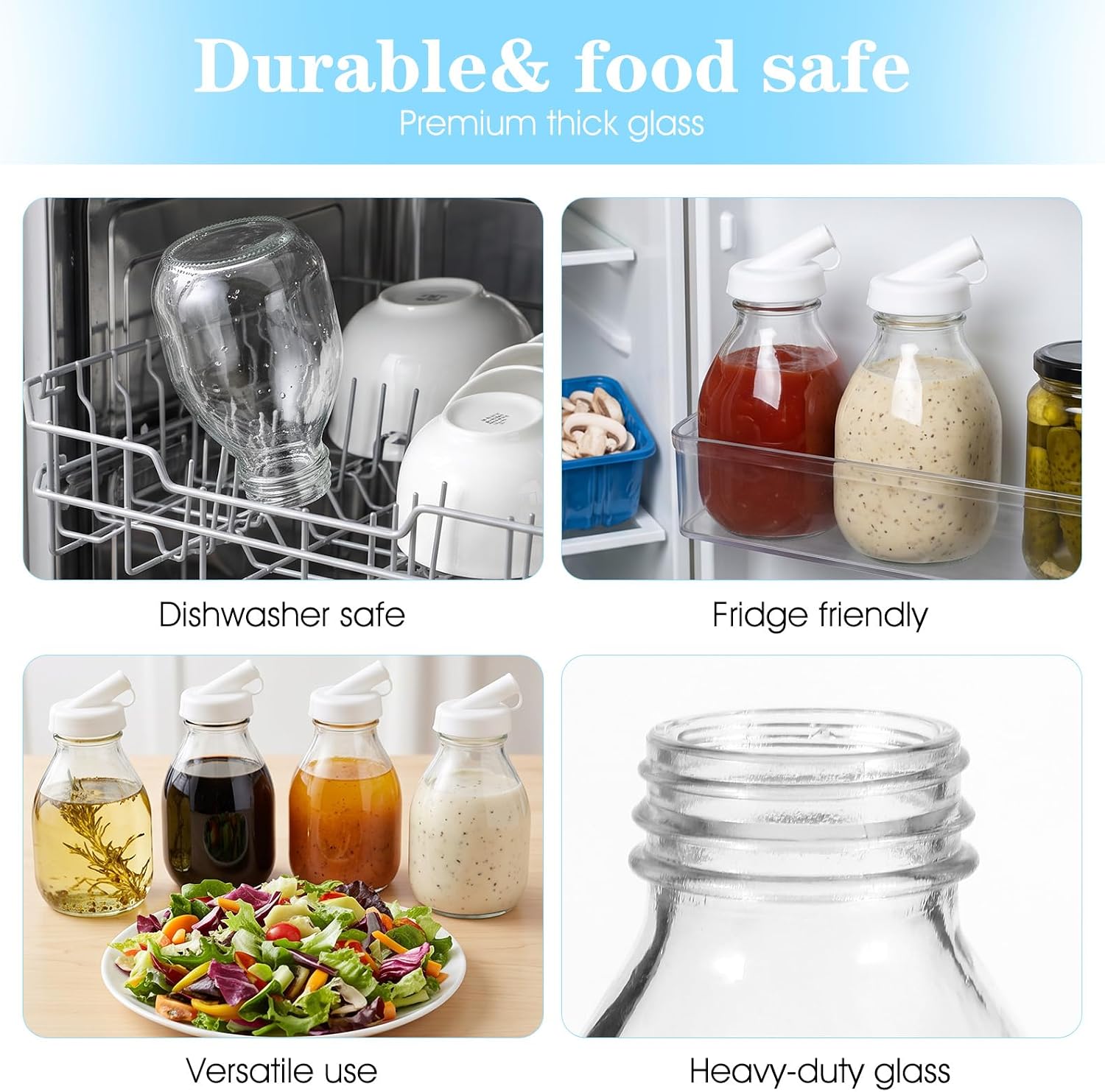 4 Pack Glass Salad Dressing Bottle, with Pour Spout & Sealing Cap, 16 oz