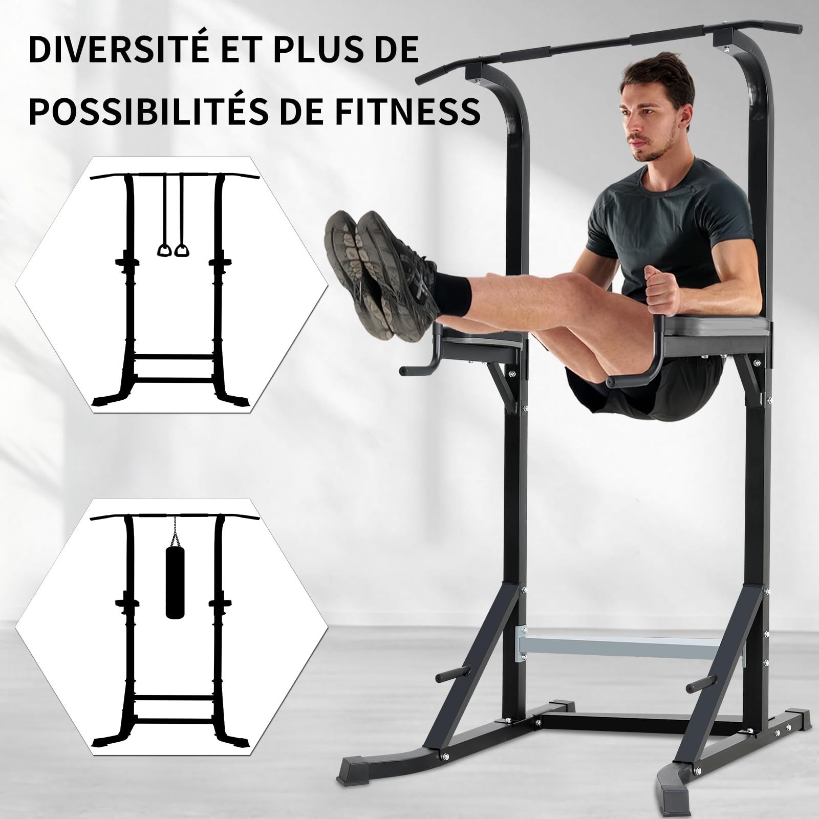 Chaise Romaine Station de Musculation Complet, Pull Bar Barre de Tractions sur Pieds, Barres de Traction Support d'Entraînement Dips Pull Up Fitness Power Tower, Barre Traction Stable Charge 150KG