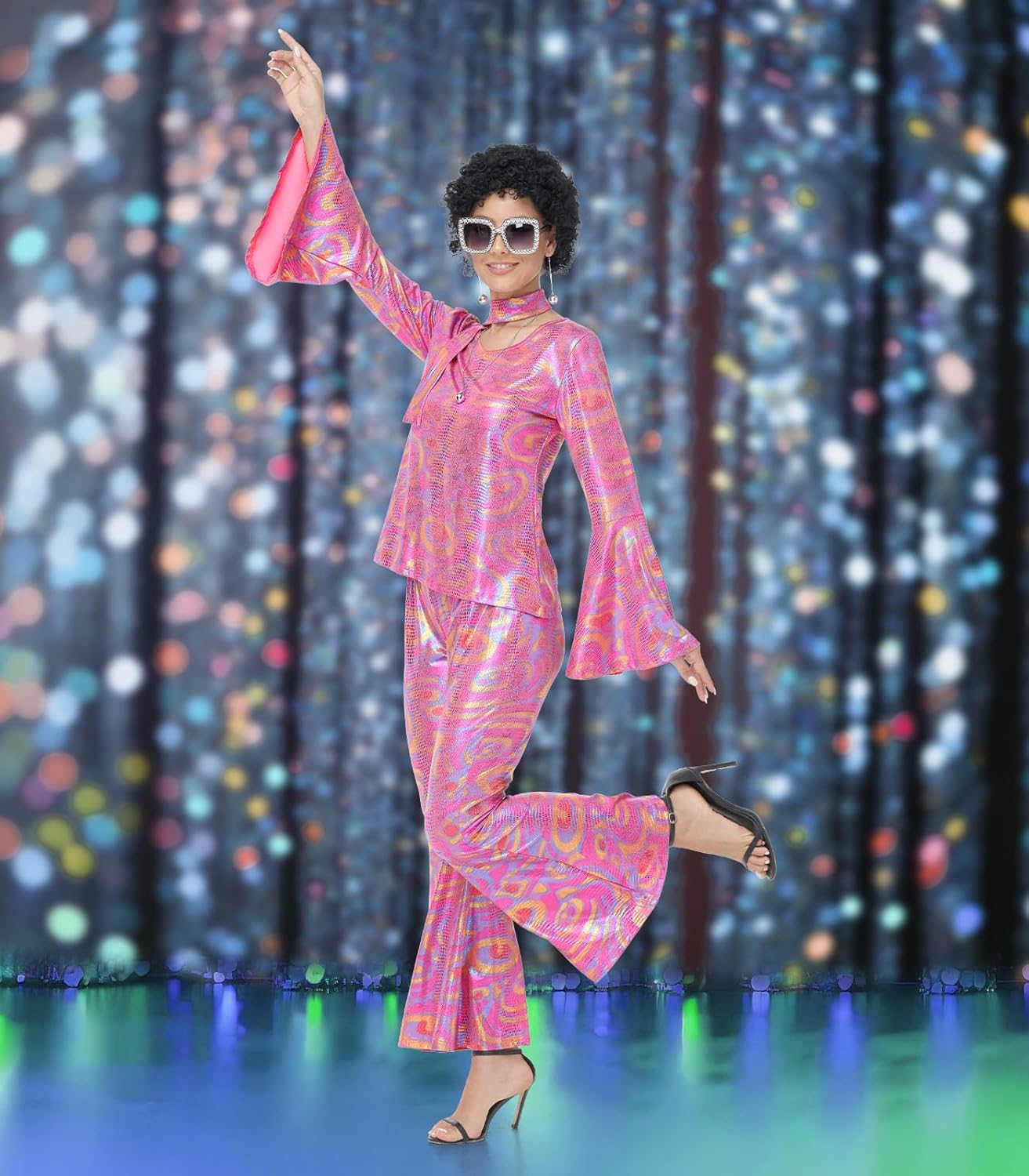 70s Disco Costume for Women - 1970s Disco Outfit with Wig, Earrings, glasses, Necklace, Headband, Sequin Top & Bell Bottoms - Image 4