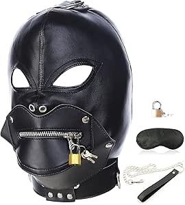 Leather Bondage Gimp Mask Hood, Black Full Face Blindfold Breathable Restraint Head Hood, Sex Toys, for Unisex Adults Couples, BDSM/LGBT Cosplay Restraint Training Toy Halloween Mask