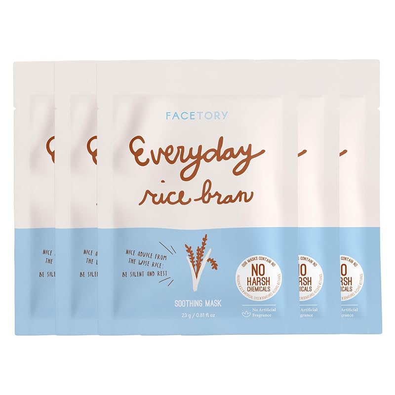 Máscara facial FACETORY Everyday Rice Bran com extrato de farelo de arroz, Pacote com 5