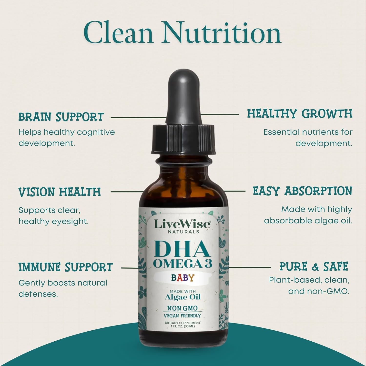 LiveWise Naturals DHA Omega 3 Drops for Kids - Vegan Liquid Omega 3 for Infants, Toddlers & Children - Essential DHA Supplement for Baby Brain, Eye & Immune Health
