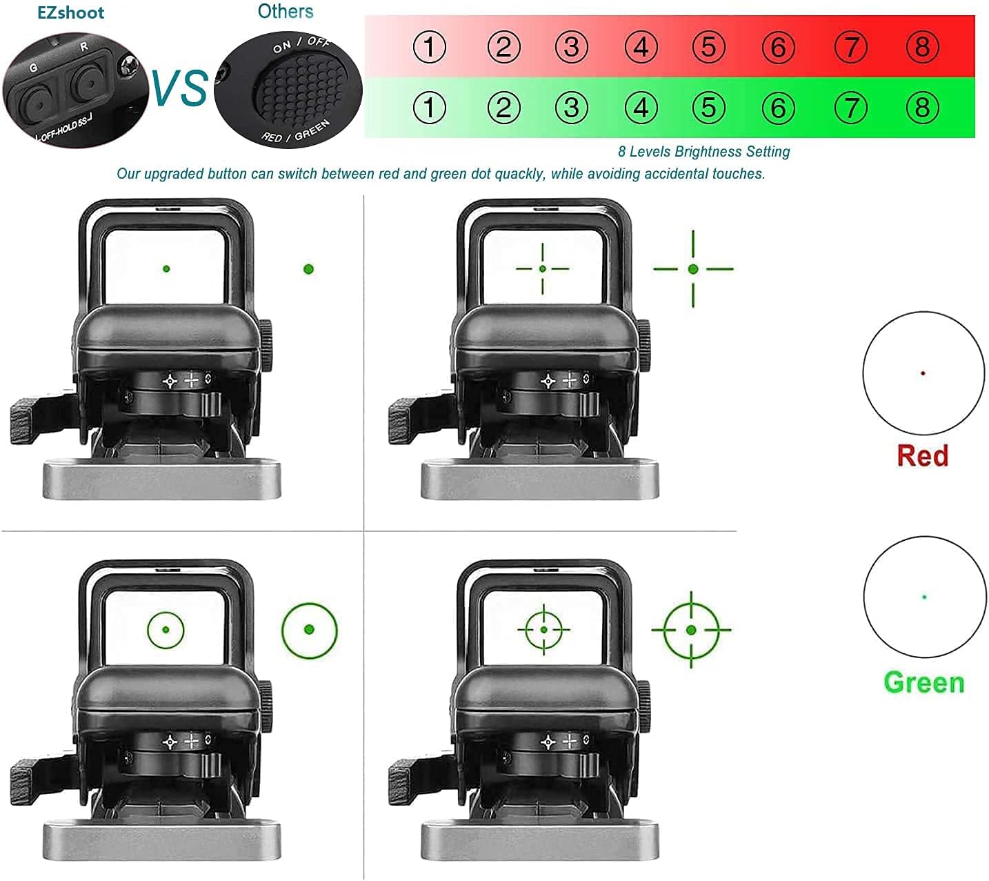 EZshoot 1X22X32 Red Green Dot Sight Gun Sight 4 Reticles Reflex Sight Quick Detach Mount 20mm Rail(Upgraded Version)