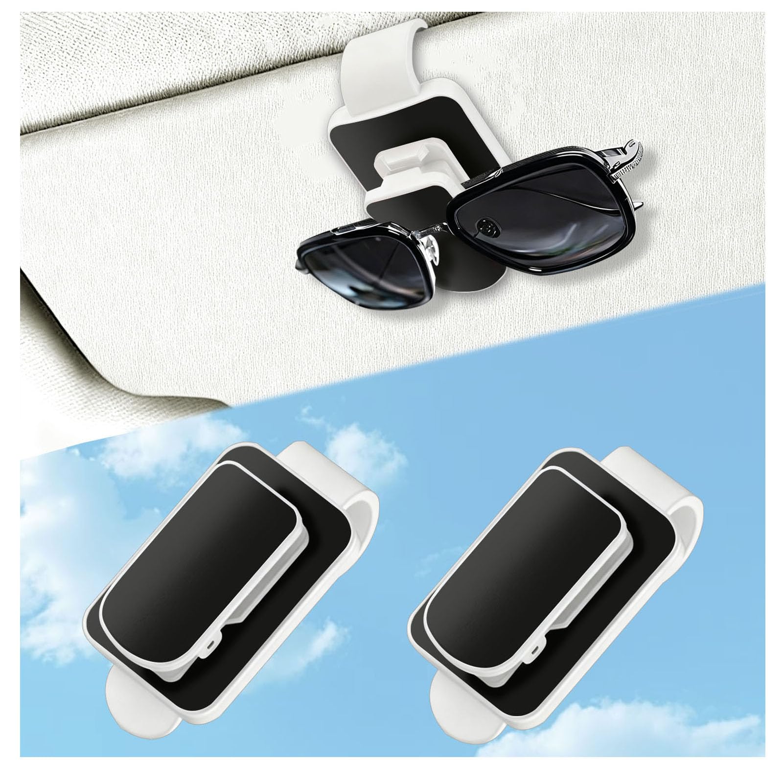 Sunglasses Holder Car Accessories Interior Visor Clip Organizer Eyeglass Holders White Border + Black 2 Pack