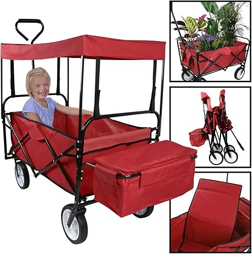 Geniqua Carro plegable rojo con toldo para playa, jardín, deportes al aire libre, ruedas con asa ajustable, almacenamiento trasero
