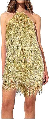 Oplxuo Vestidos de cóctel para mujer, sexy, cuello en V profundo, con flecos, tirantes delgados, vestido de fiesta de graduación