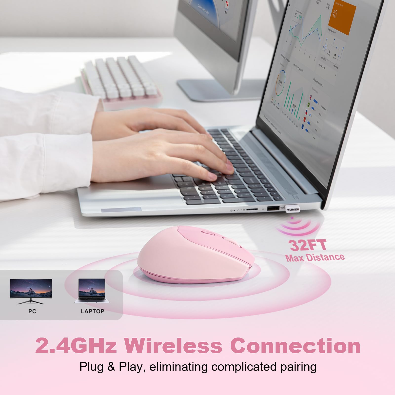 YUNZII C2 Bezprzewodowa Mysz do Gier, 2,4 GHz Słodka Silikonowa Bezprzewodowa Mysz Komputerowa, Ciche Kliknięcia, 3 Regulowane DPI, Przenośne Myszy Ergonomiczne dla Laptopa/PC/Mac (Różowy)