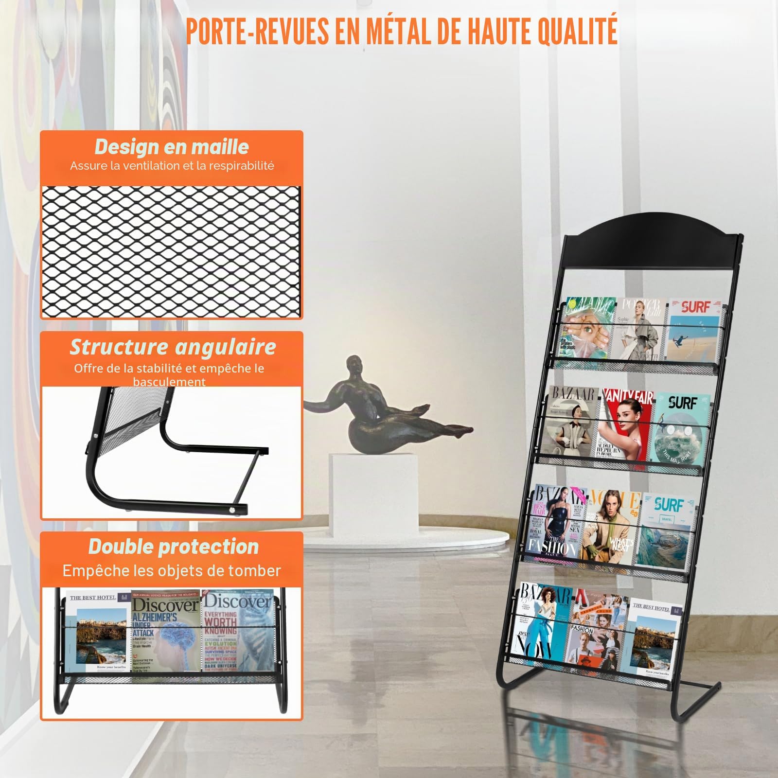 SUNDOY Porte-magazines, extra large, support de littérature au sol, avec 4 poches, porte-brochures, pour bureau et foires, 38 x 63 x 157 cm (L x l x H) sans roulettes