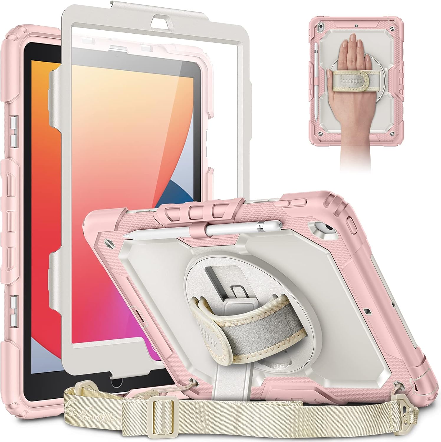 CaseBot Case for iPad 8th Generation 2020 / 7th Gen 2019 10.2 with Screen Protector, [360° Rotating Kickstand] Rugged Heavy Duty Shockproof Cover with Hand Shoulder Strap, Pencil Holder (Rose Gold)