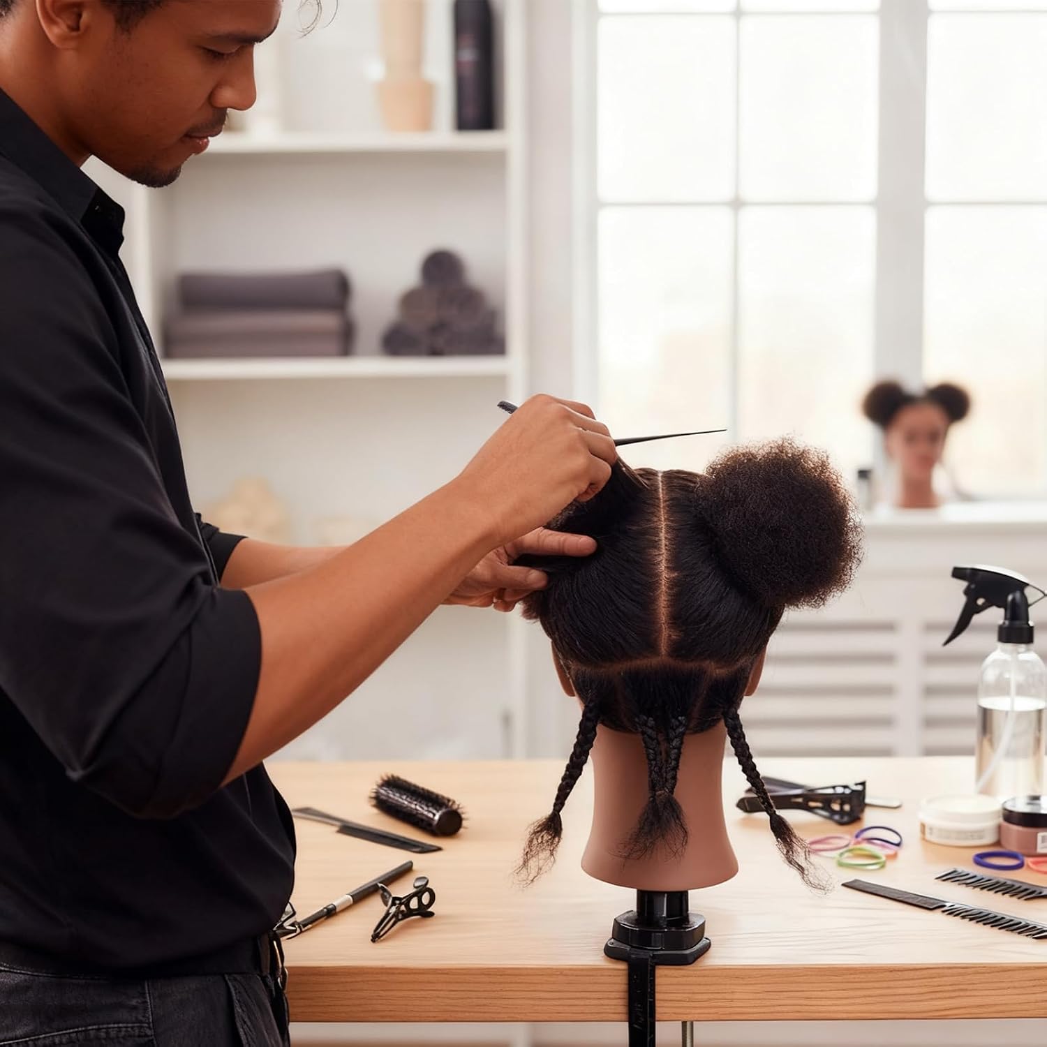 AliLeader Afro mannequin head with 100% Human Hair Mannequin Head Curly Cosmetology for Display Practice Braiding Styling Training Head Hair Styling (Brown, 6 Inch)