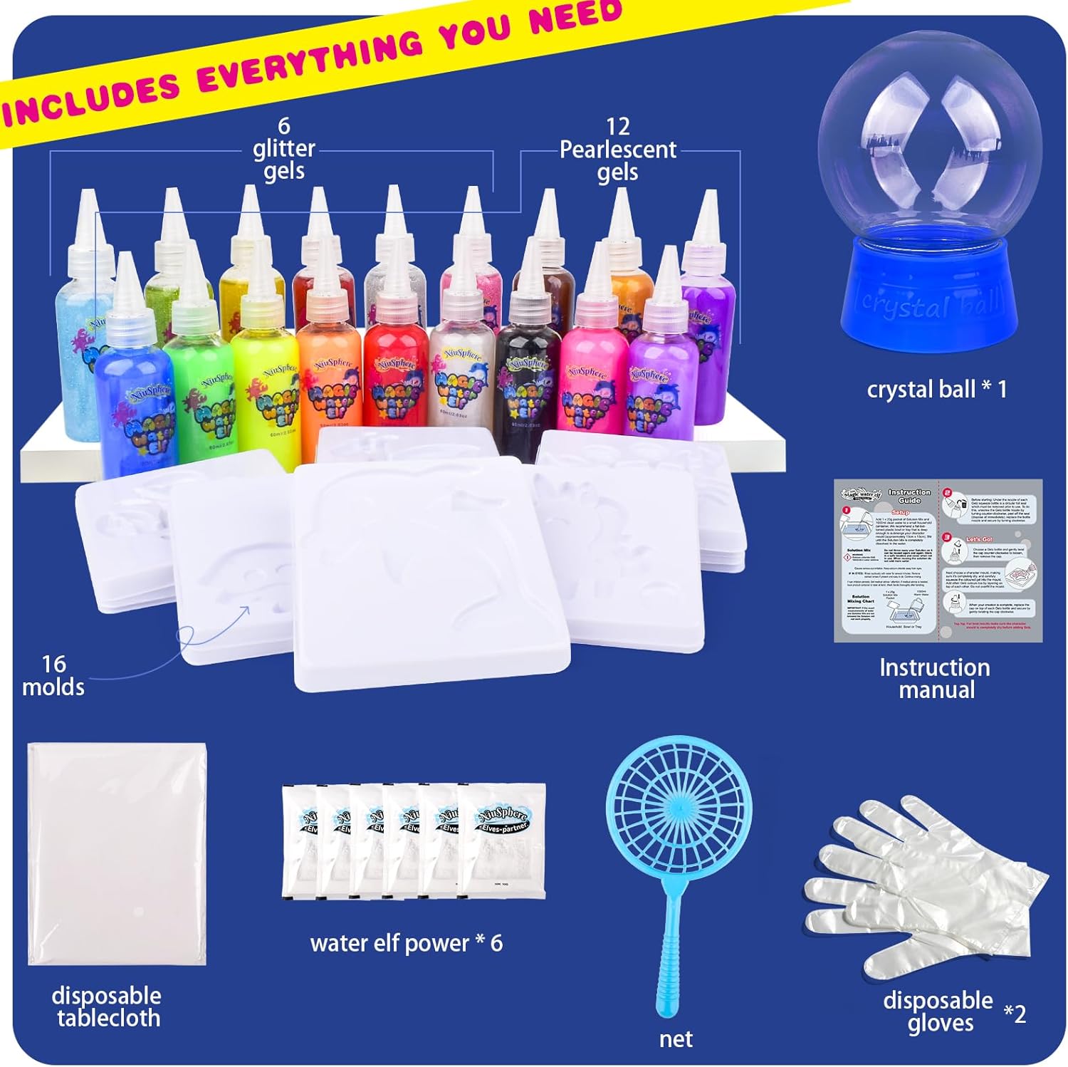 NiuSphere Magic Water Elf Toy Kit - Aqua Gel Water Pets, 18 Gels & 16 Molds, DIY Squishy Maker Kit, Craft Art for Kids, Make Your Own Squishies Sensory Toys, 4 5 6 7 8 9 10 Year Old Boy Girl Gifts