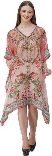 CURVSHAPE Short Pink Digital Printed | Crepe Kaftan | Vacation Wear | Beach Wear | Coverups | Kaftan Dress | for Women | F...