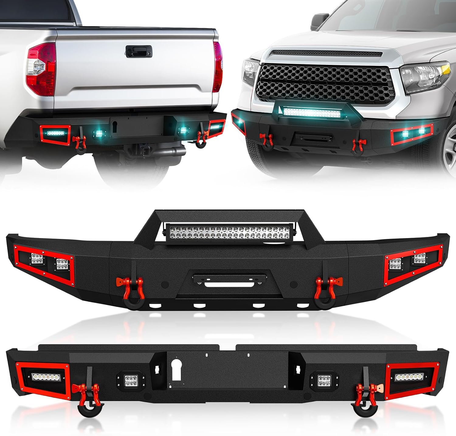Front and Rear Bumpers Compatible with 2014-2021 Toyota Tundra Pickup Truck Bumpers Equipped with Paintable Armor, Winch Plate, License Plate Bracket, Sensor Holes & D-rings