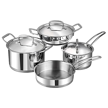 Vinod Stainless Steel Induction Friendly Classic Deluxe Combo 4 Pcs Set - Saucepan (16 cm/2.1 Litres) with Lid, Saucepot (18 cm/2.7 Litres), Kadai with Lid (20 cm/1.8 Litres) & Frypan (20 cm) - Silver