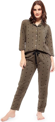 ZEYO Women's Cotton Heart Printed Night Suit Set of Shirt & Pajama Set 51522 (Available in Plus Size)
