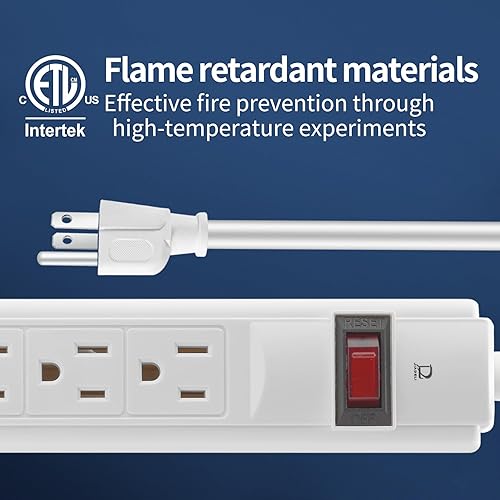 Miniatura 4 de JDL - Regleta protectora de sobretensiones de 6 salidas con tarjeta de alimentación de 3 pies, protección contra sobrecarga de 1200 julios, color