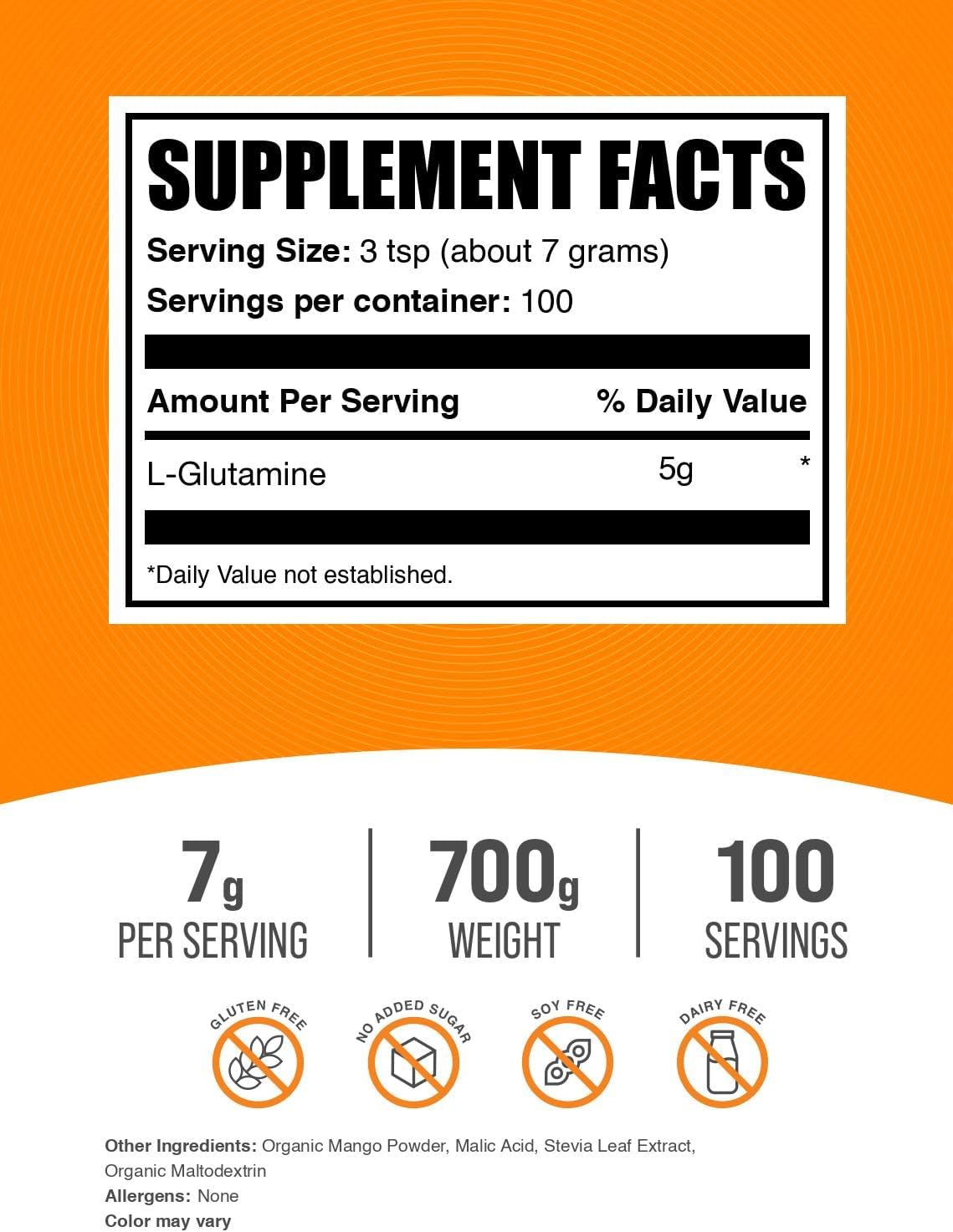 BulkSupplements.com L-Glutamine Powder - Glutamine Supplement, Amino Acid Supplement - Mango Tango Flavor, 7g per Serving, 700g (1.5 lbs) (Pack of 1)