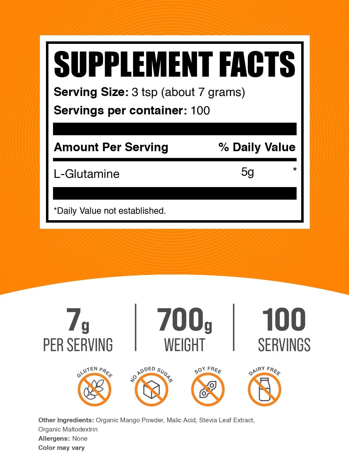 BulkSupplements.com L-Glutamine Powder - Glutamine Supplement, Amino Acid Supplement - Mango Tango Flavor, 7g per Serving, 700g (1.5 lbs) (Pack of 1) — Amazon image 2