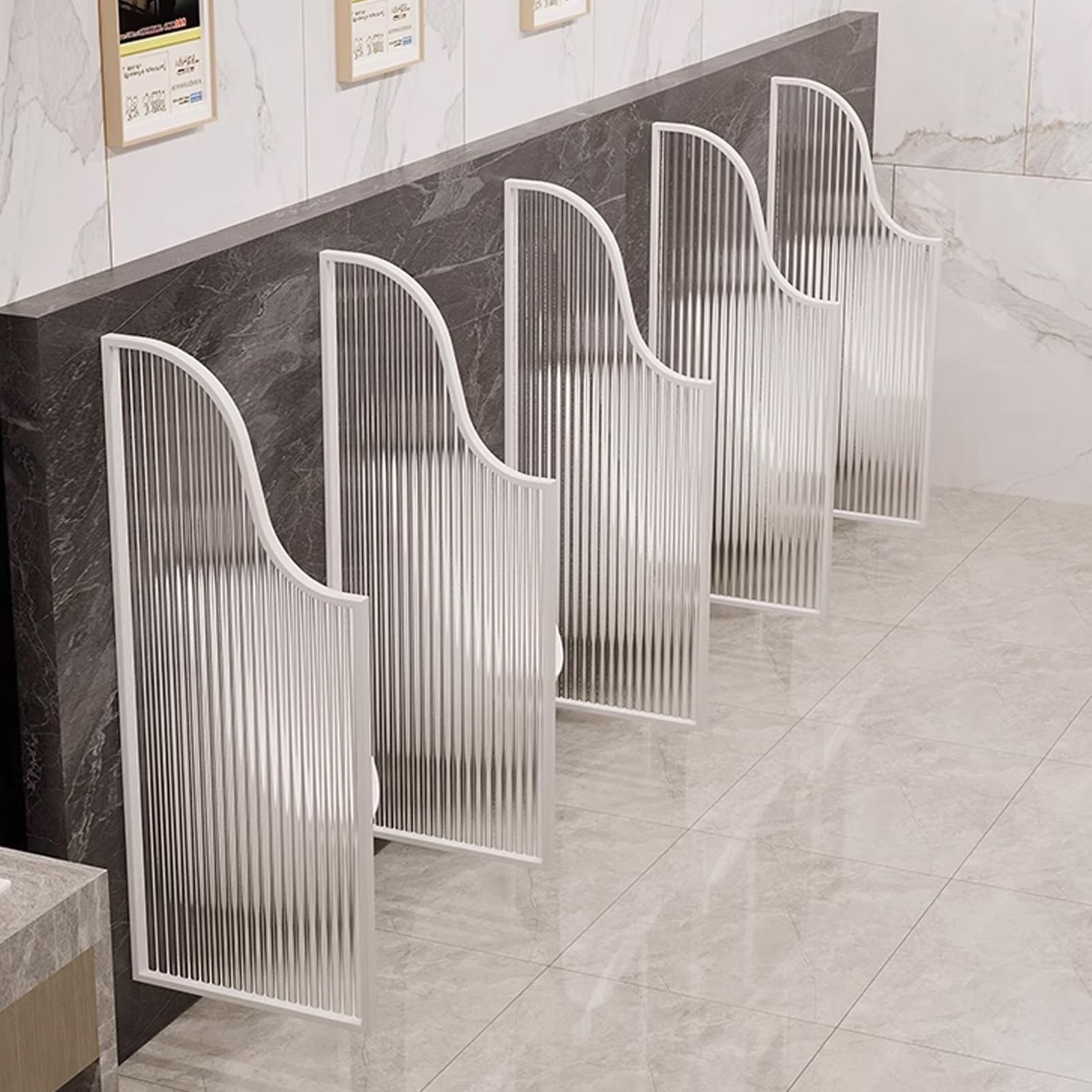 Cloison murale pour urinoir en acier inoxydable et verre trempé blanc