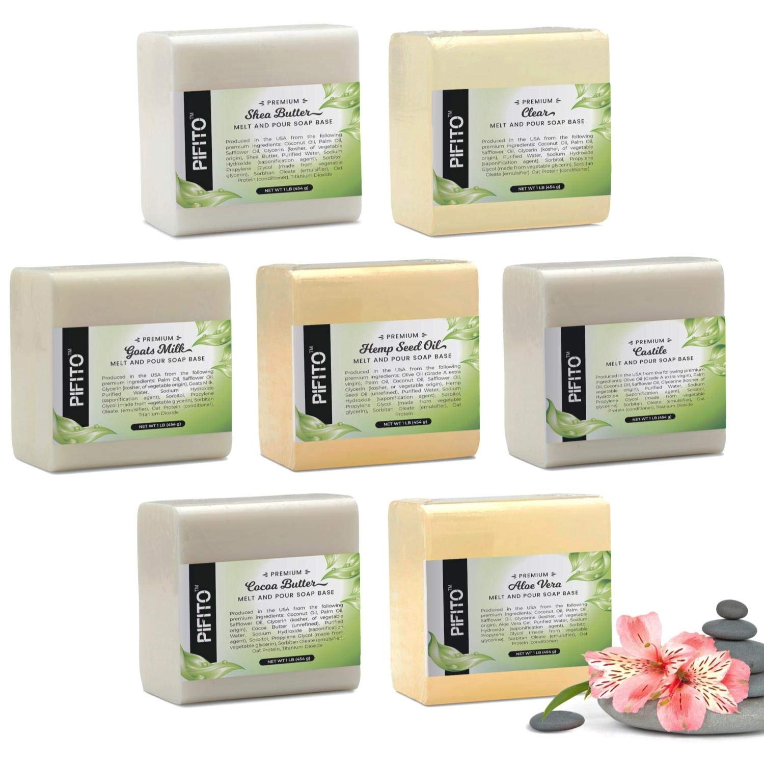 Pifito Melt and Pour Soap Base Sampler (7 lbs) │ Assortment of 7 Bases (1lb ea) │ Hemp Seed Oil Style, Clear, Aloe Vera, Goats Milk, Cocoa Butter, Shea Butter, Castile │ Glycerin Soap Making Supplies