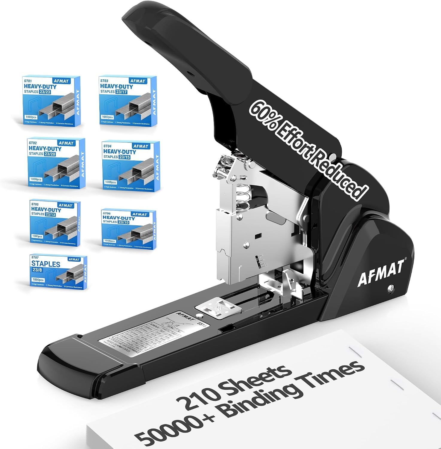 AFMAT Heavy Duty Stapler, 210 Sheet Capacity, 60% Less Effort, Jam-Free, Includes 7,000 Staples, Metal Office Desktop Stapler with Adjustable Throat Depth for Office & Home, 50,000+ Uses, Black ES15