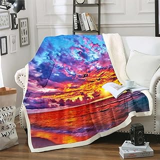 Ocean Beach Blanket,Costal Sunset Throw Blanket Bed Couch Dreamy Pink Cloud Fleece Blanket Queen Size Hawaii Sea Wave Sherpa Blanket Natural Marine Scene Plush Blanket,Kids Teens Adults Bedroom Decor