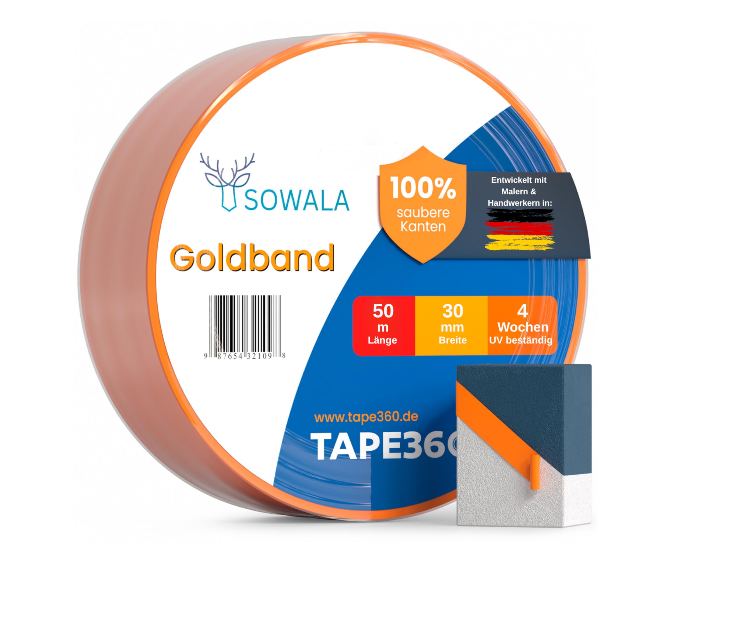 Goldband Malerkrepp 25 Rollen 30 mm x 50 m | 30 Tage UV-beständiges Klebeband | Washi Tape für scharfe Farbkanten | Malerband für Innen & Außen | Kreppband